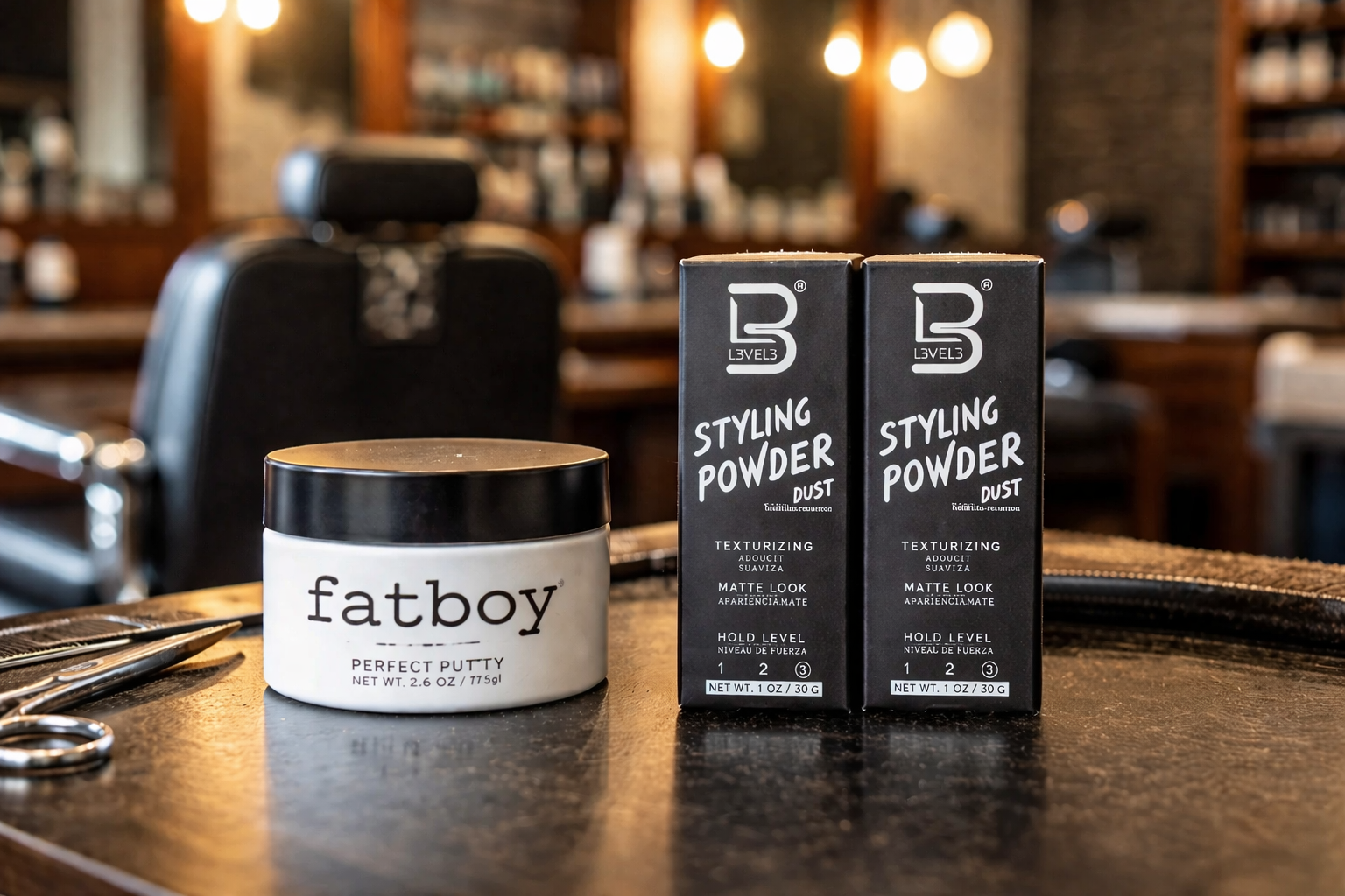 Top men's hair products including Fatboy Putty and L3 Styling Powder at Artisan Barber Shop in Brooklyn.