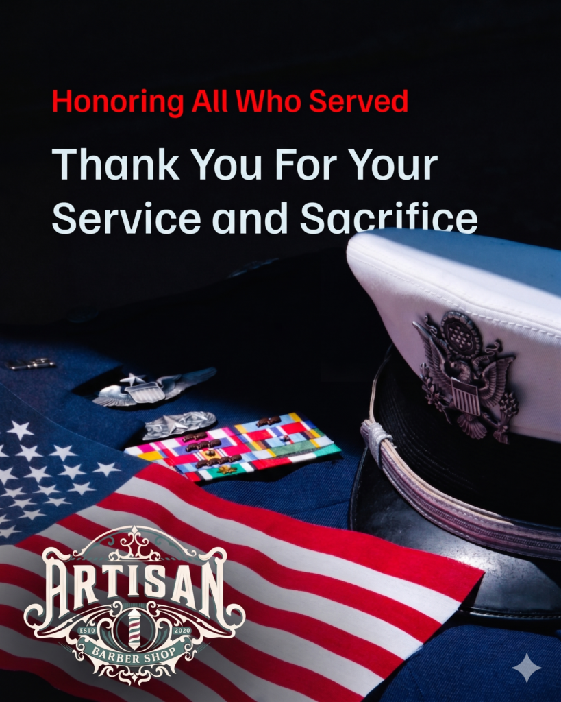 Artisan Barber Shop logo integrated onto a Memorial Day tribute image featuring a military cap, flag, and ribbons, honoring all who served.