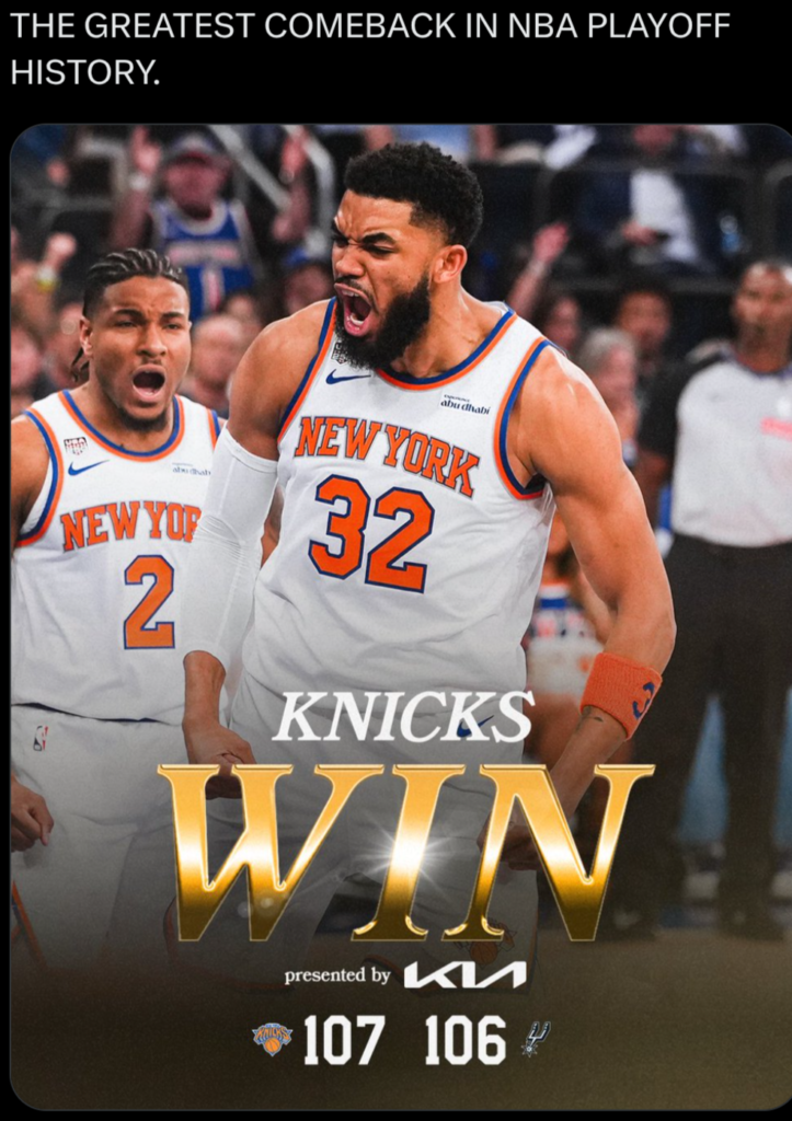 A graphic celebrating the New York Knicks' dramatic 107 to 106 playoff comeback victory over the Spurs, as seen in Screenshot_20260611-095605.png. The image shows Karl-Anthony Towns (number 32) and Miles McBride (number 2) yelling in celebration with gold text reading 'KNICKS WIN