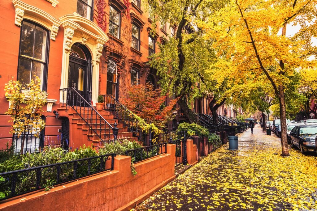 Brownstone in Brooklyn with fall leaves